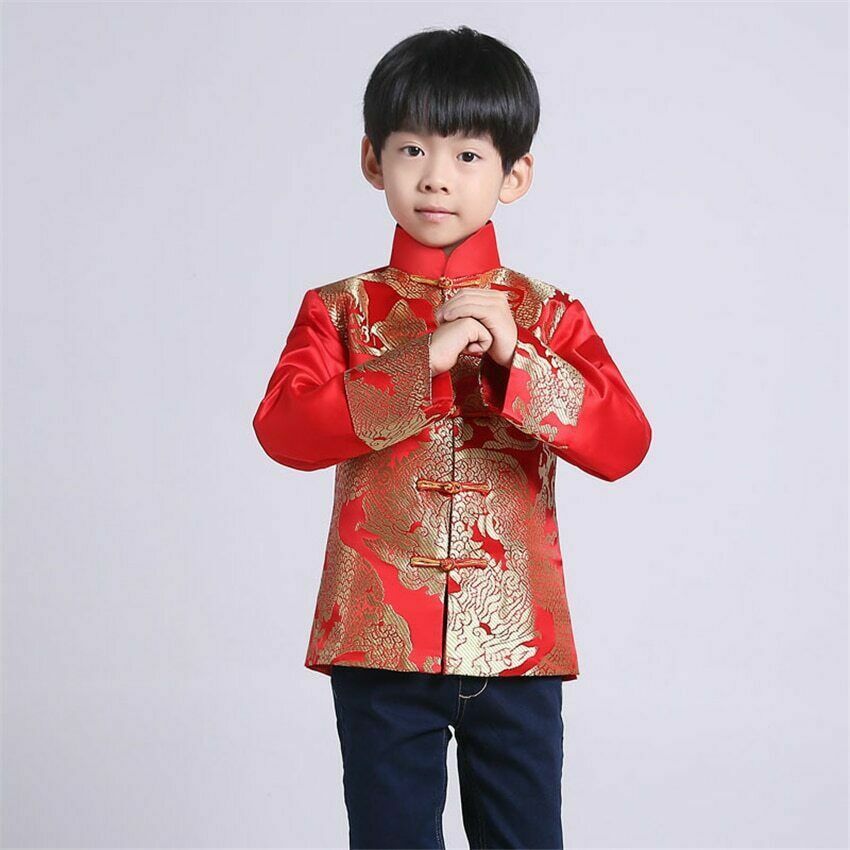 Chinese Tang Suit Red Clothing for Kids Boy Hanfu Top Dragon Print Party Stage