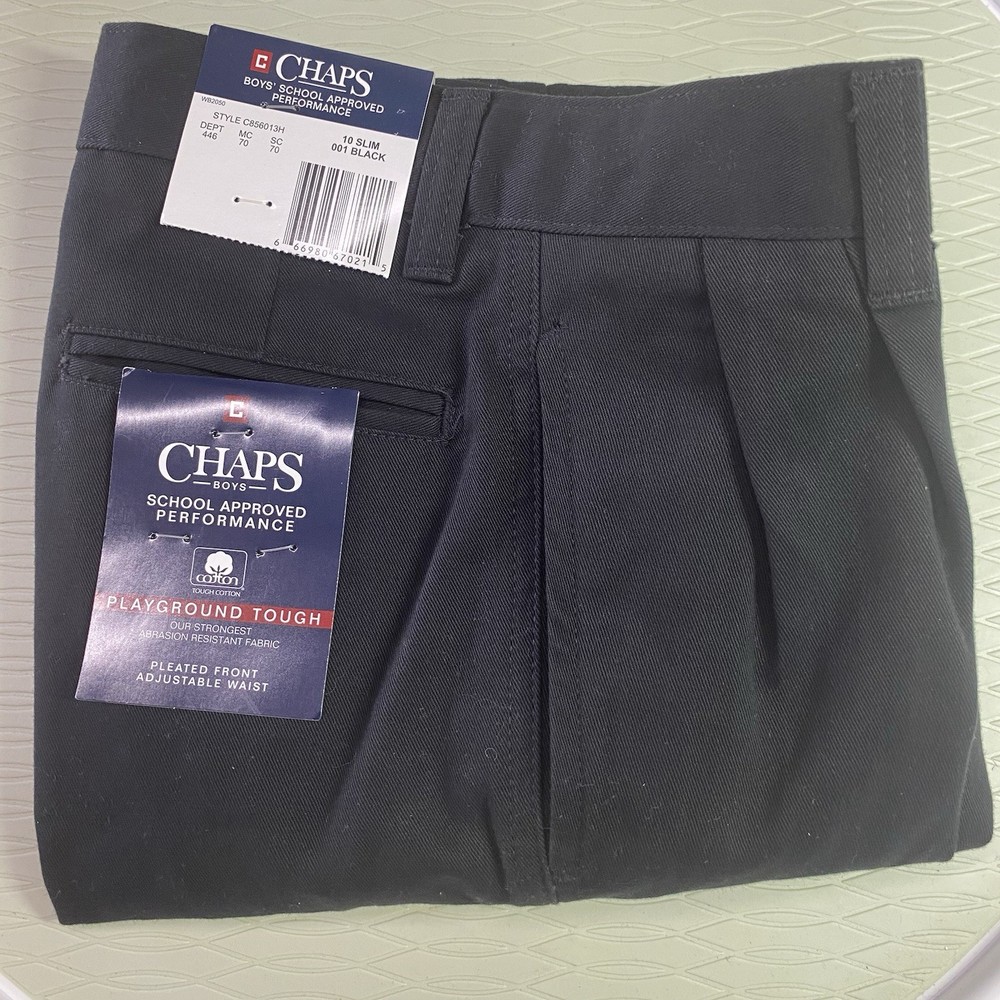 Chaps NWT Boys’ School Approved Black Pleated Front Pants Size 10 Slim