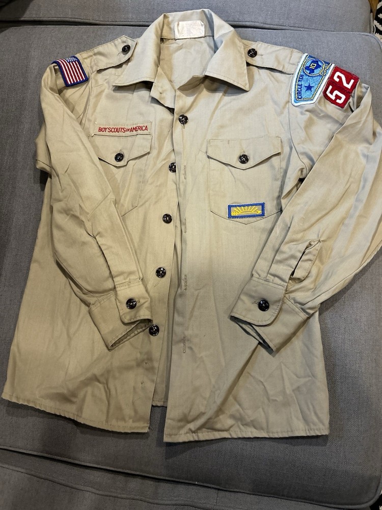 VTG BOY SCOUTS OF AMERICA Button Up Shirt Patches Size Youth 14 Long Sleeve