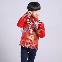 Chinese Tang Suit Red Clothing for Kids Boy Hanfu Dragon Print Party Top Stage