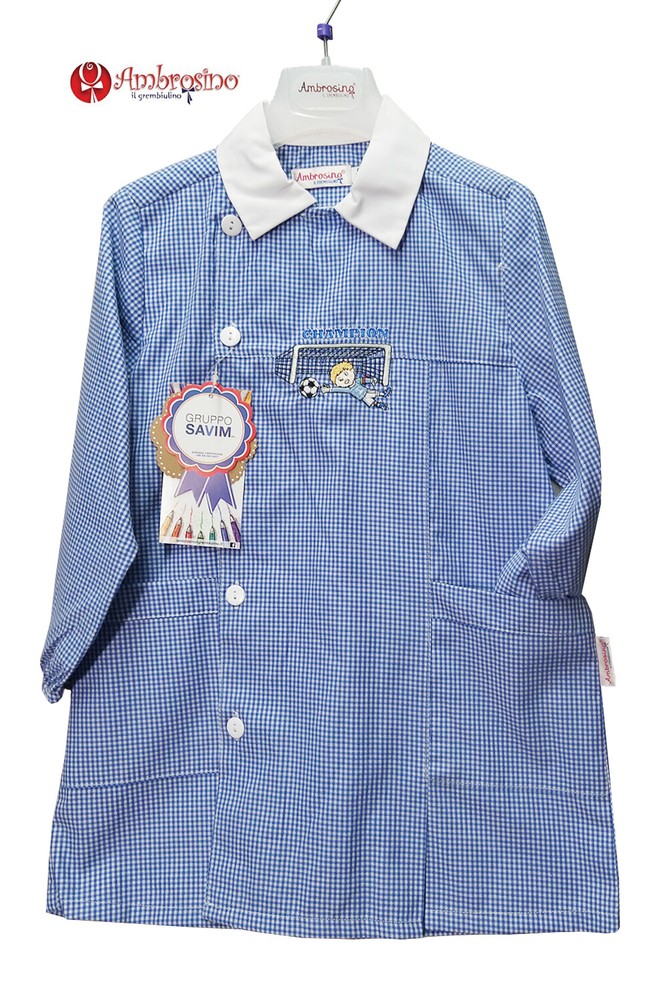Child apron with light blue checkered pattern for nursery school AMBROSINO SAVIM