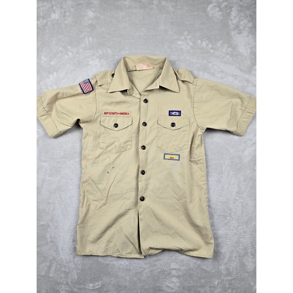 Boy Scouts of America Shirt Kids Youth Large Tan Short Sleeve Patches Gorpcore