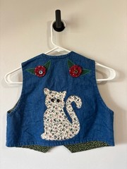 Vintage Kid’s Denim Homemade Vest Cat Birdhouse Appliqué Homemade Adorable 8/10
