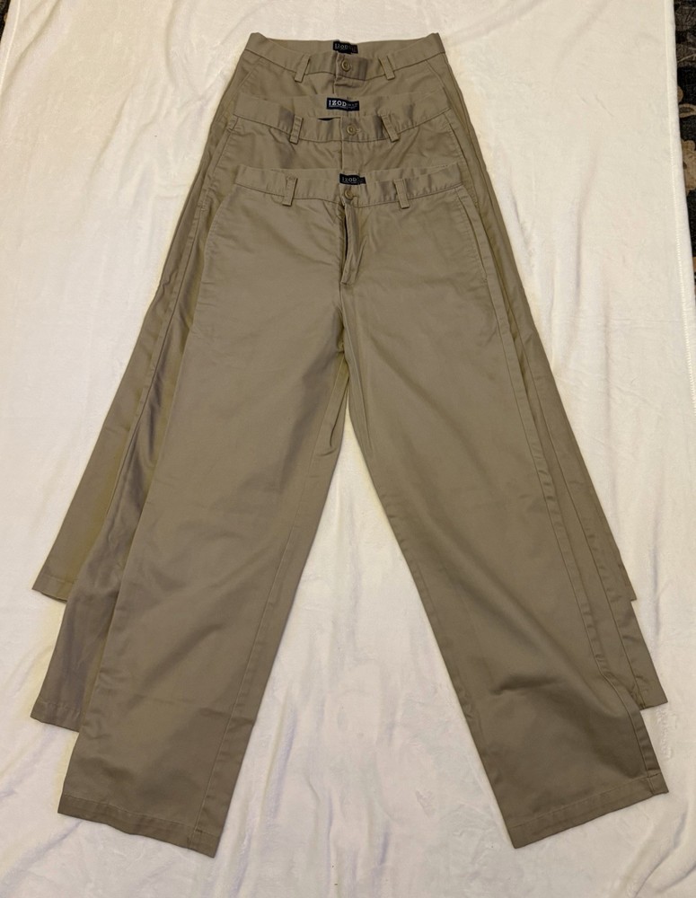 3 Pair Izod 30×32 Khaki/chino Flat Front Pants. School Uniform. One Spot See Pic