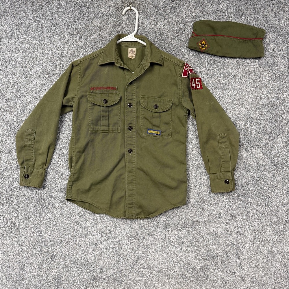 Vintage Boy Scouts Of America Shirt Hat Set Boys 10-12 Green Scout Uniform Twill