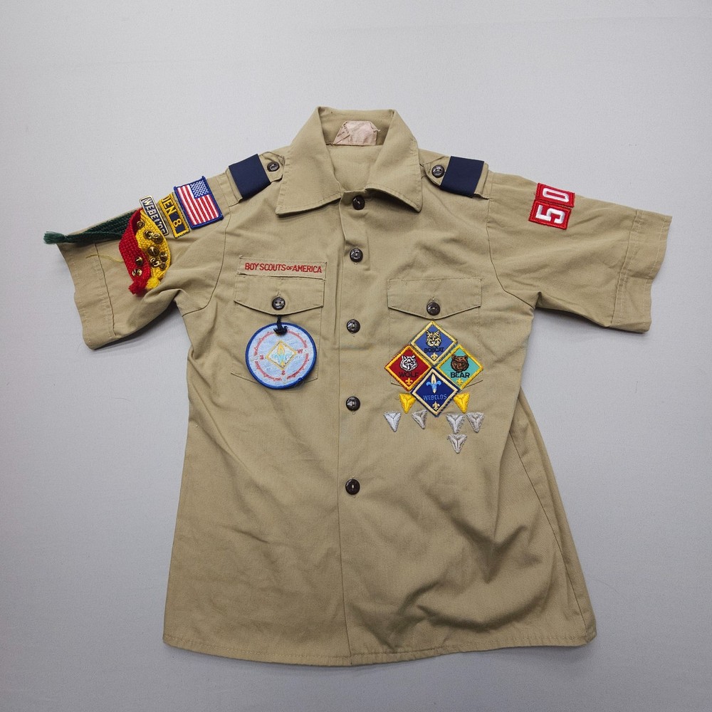 Boy Scouts Of America Boys Youth Medium Uniform Shirt USA Made Patches Pins
