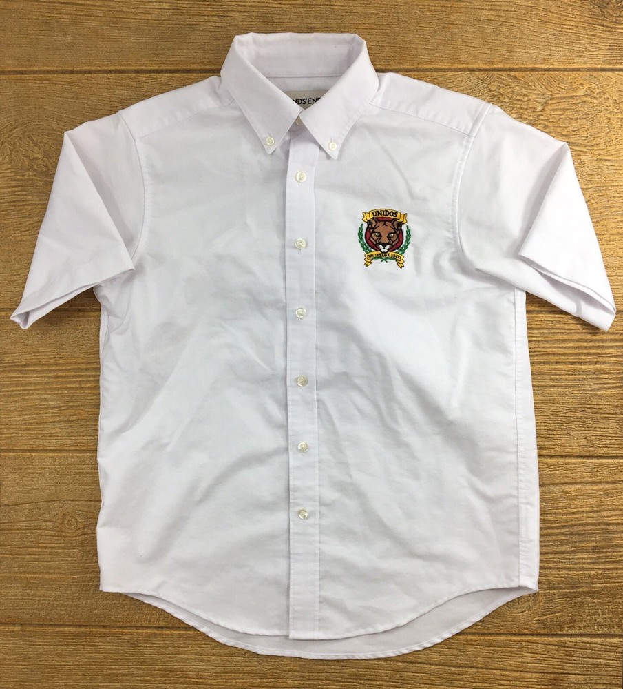 Lands End Boys Shirt Size 12 White Short Sleeve Polo Unidos Dual Language School