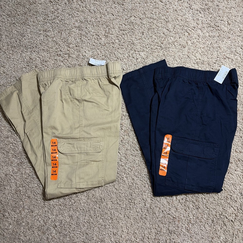 Pair Of NWT The Children’s Place Boys 14 Tan Navy Cargo Pants Slip On Uniform