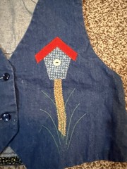 Vintage Kid’s Denim Homemade Vest Cat Birdhouse Appliqué Homemade Adorable 8/10