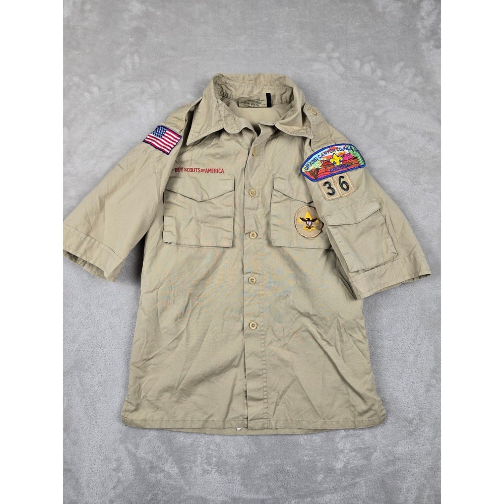 Boy Scouts of America Shirt Kids Youth M Tan Poly Cotton Patches Gorpcore