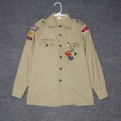 Vintage Boy Scouts of America Shirt Youth L Tan Patches Pins Minuteman Council