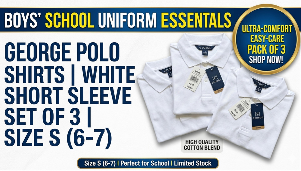 George Boys School Uniform Polo Shirts White Short Sleeve Size S 6-7 Set of 3