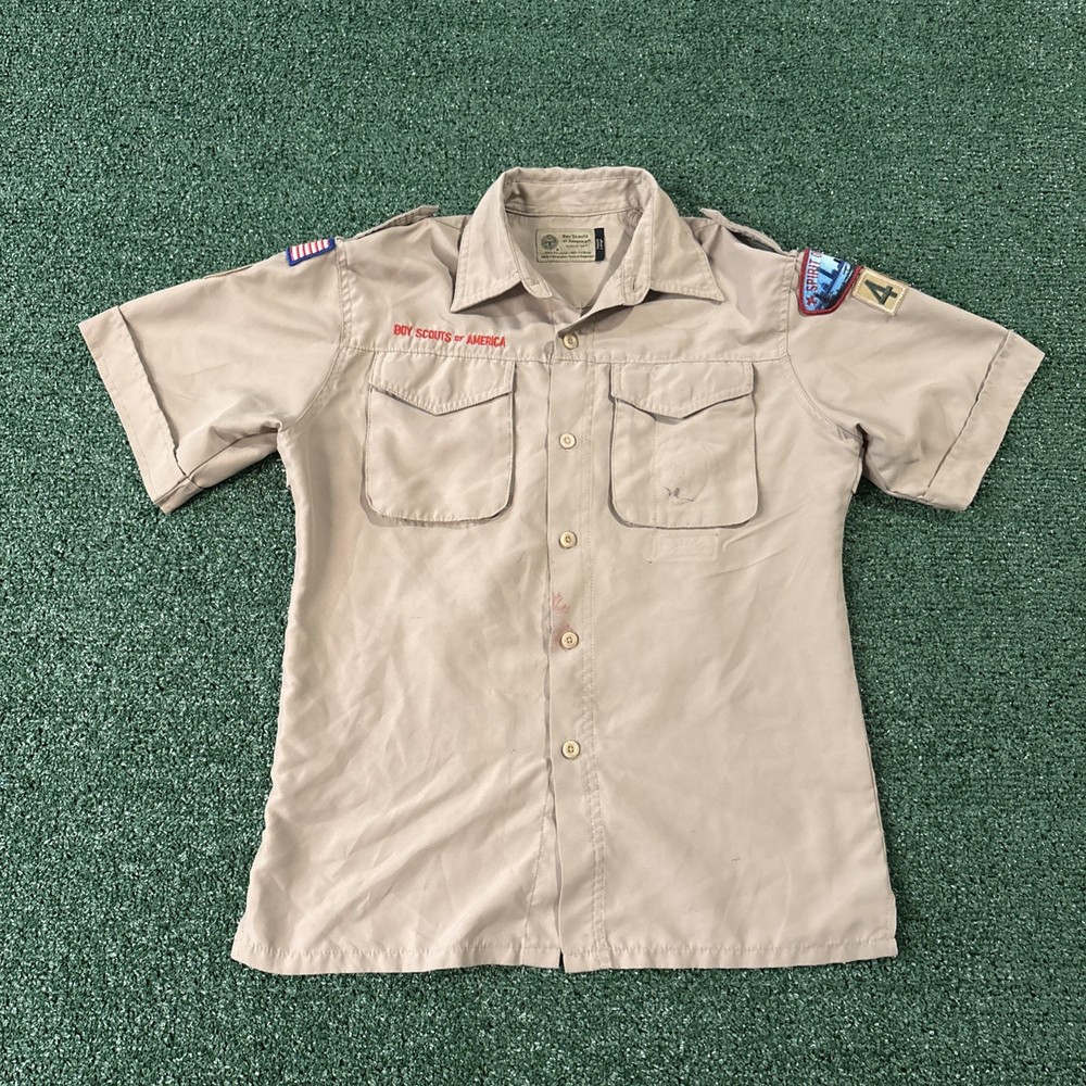 Vintage Boy Scouts of America Button Shirt Youth XL Uniform Patches Outdoors