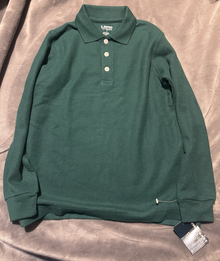 Boys French Toast Uniform/Casual Dark Green Long Sleeved Polo Shirt Size 7 NWT