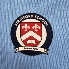 Dennis Uniform Polo Shirt Blue Size Youth Small YS Stratford School Logo, New