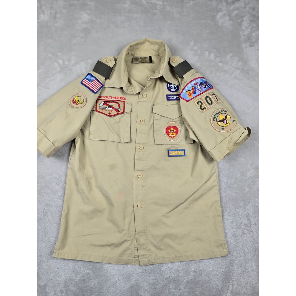 Boy Scouts of America Shirt Kids Youth L Khaki Tan Patches BSA Poly Cotton