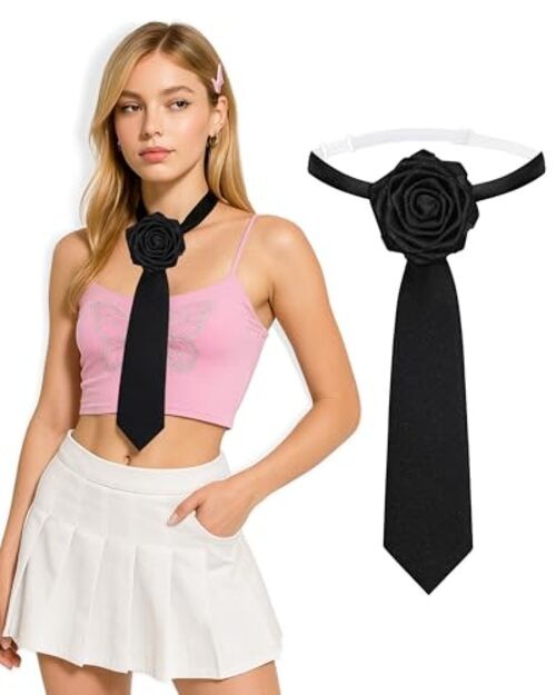 Tie for Women – Punk Metal Necktie Pre-Tied Adjustable Necktie for Black Rose