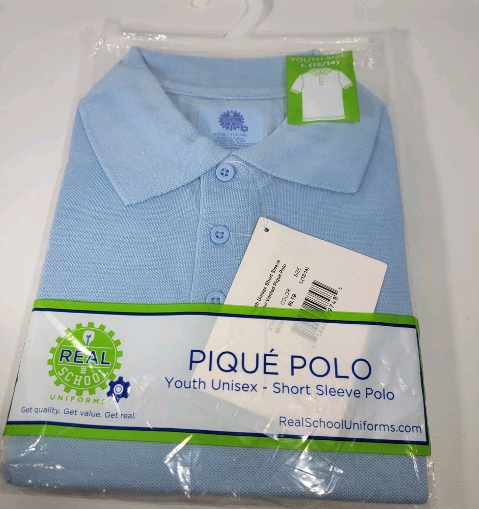 Real School Uniforms Pique Polo Shirt Unisex Short Sleeve Lt Blue Youth L 12/14