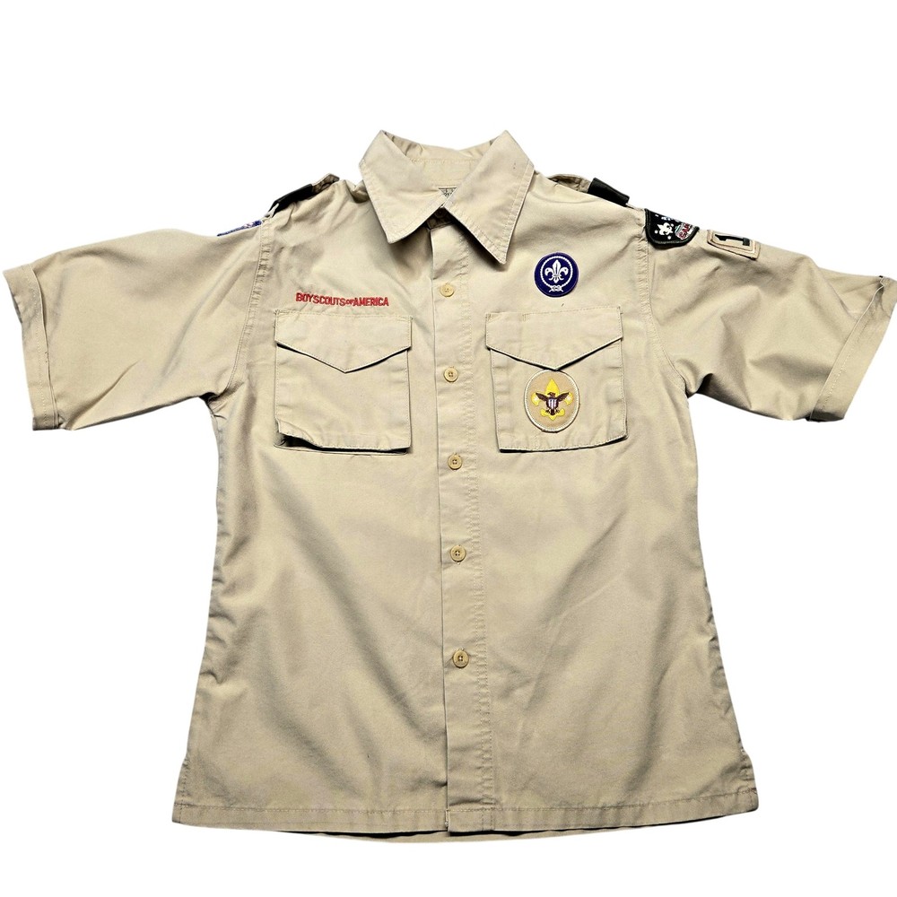 Boy Scouts Of America Shirt Youth Medium Beige Capitol Area Council Patches