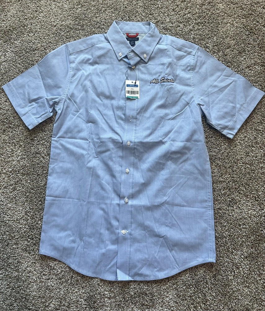NWT Tommy Hilfiger Blue SS Button Up School Uniform Dress Shirt, All Saints