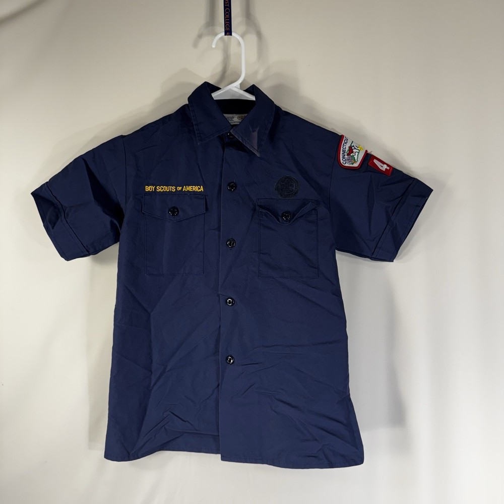 BSA Cub Scouts Button Up Shirt Youth Medium Blue Short Sleeve Patches Stained