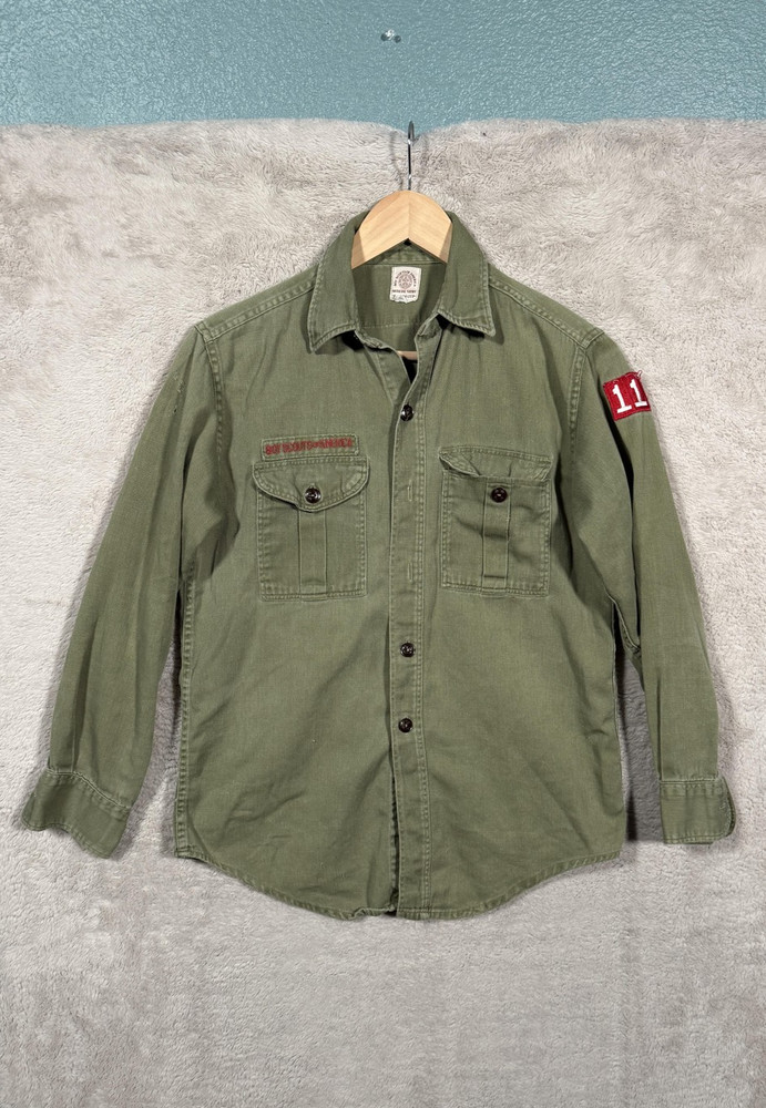 Vintage Boy Scouts of America Shirt Olive Green Sanforized Long Sleeve Youth