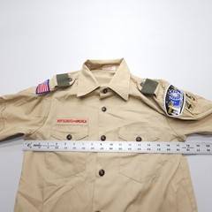 Vintage USA Boy Scouts Of America Boys Uniform Shirt Youth 16 Tan BSA Patches