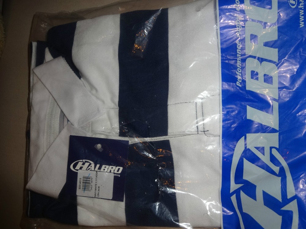 Halbro navy blue and white stripe rugby top shirt. 34-40″. Various sizes. New.