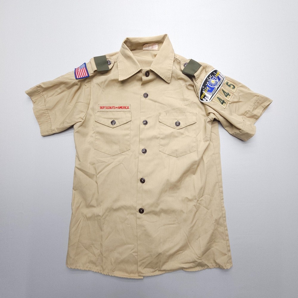 Vintage USA Boy Scouts Of America Boys Uniform Shirt Youth 16 Tan BSA Patches