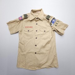 Vintage USA Boy Scouts Of America Boys Uniform Shirt Youth 16 Tan BSA Patches