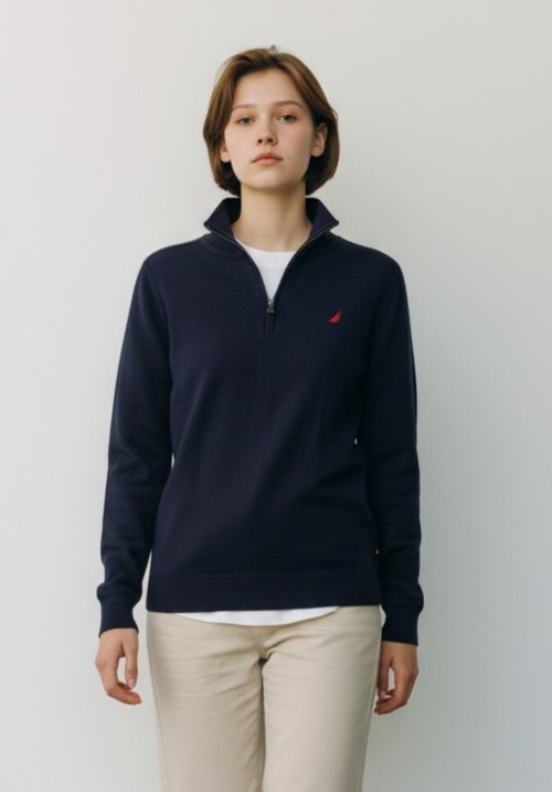 Nautica Kids Unisex Shirt Size M Navy Quarter Zip Long Sleeve Pullover Uniform