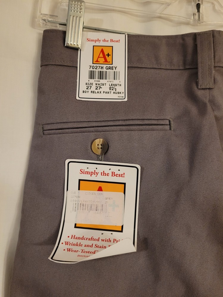 NWT A+ Easy Care Boys Grey School Uniform Pants Size 27×22.5 Husky Large 14