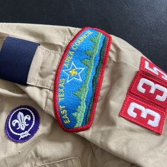 VTG BSA Boys Youth LG Uniform Shirt Tan East Texas. Patches, Pins