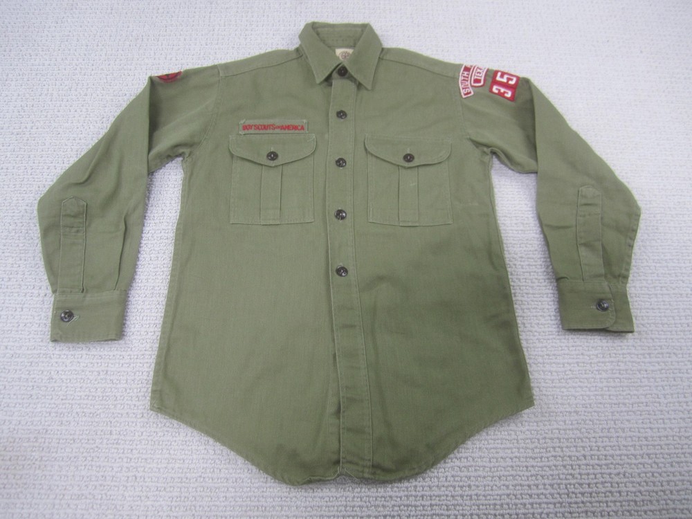 Vintage Boy Scouts Of America Shirt Youth Medium Green Uniform Patches 60s
