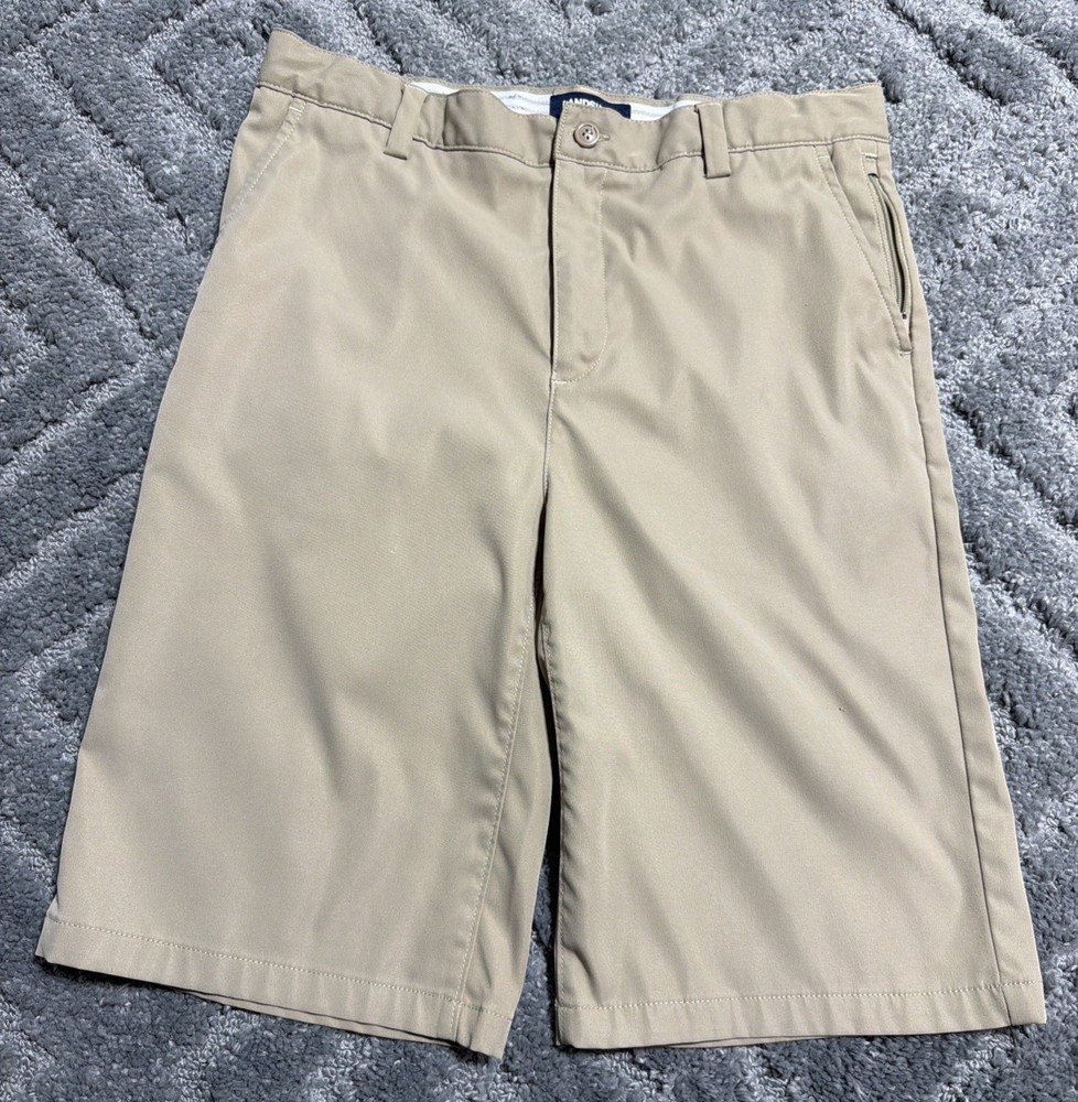 Lands End School Uniform Flat Front Zip Pocket Khaki Adj Waist Shorts Boys 14-15