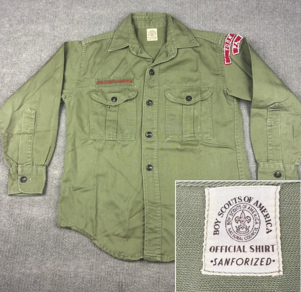 Vintage Boy Scouts of America Shirt Youth Green Sanforized Uniform BSA 50s 60s