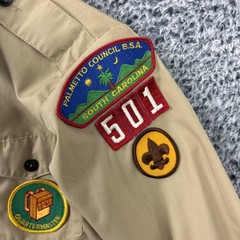Vintage Boy Scouts Of America Shirt Boys 16 Beige Uniform Long Sleeve Patches