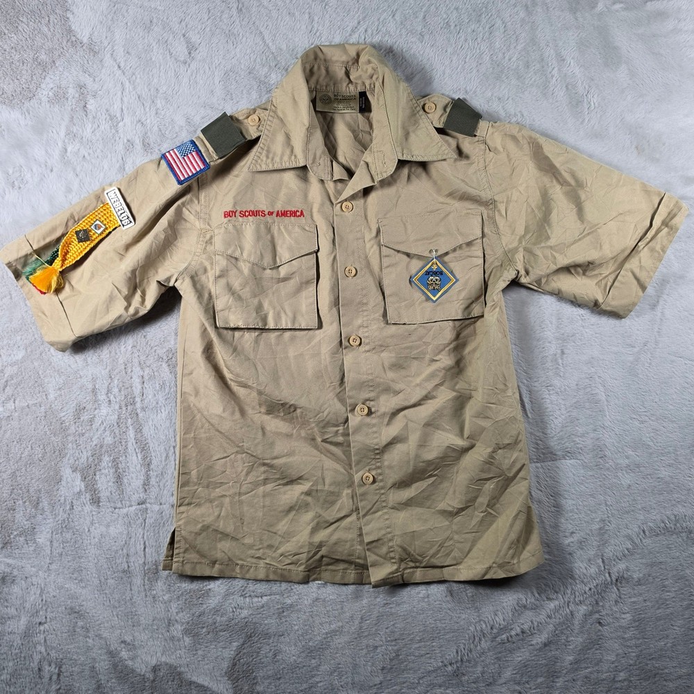 Boy Scouts of America Uniform Shirt Boys Youth Medium Tan Patches Webelos Bobcat