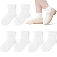 6 Pairs Girls Ruffle Socks Toddler Kids School Uniform Soft 8-10 Years White