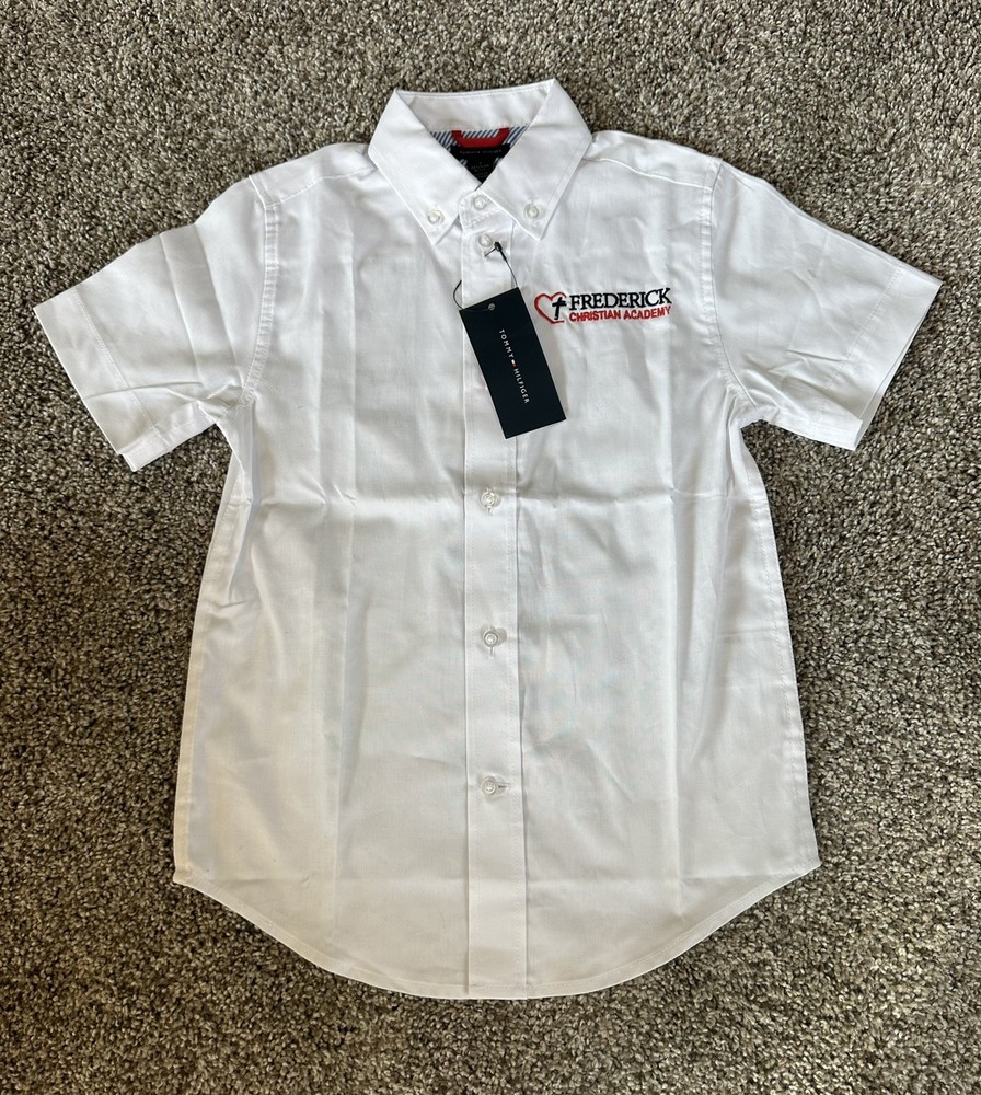 NWT Tommy Hilfiger White SS Boys Button Up Uniform Shirt Frederick Christian