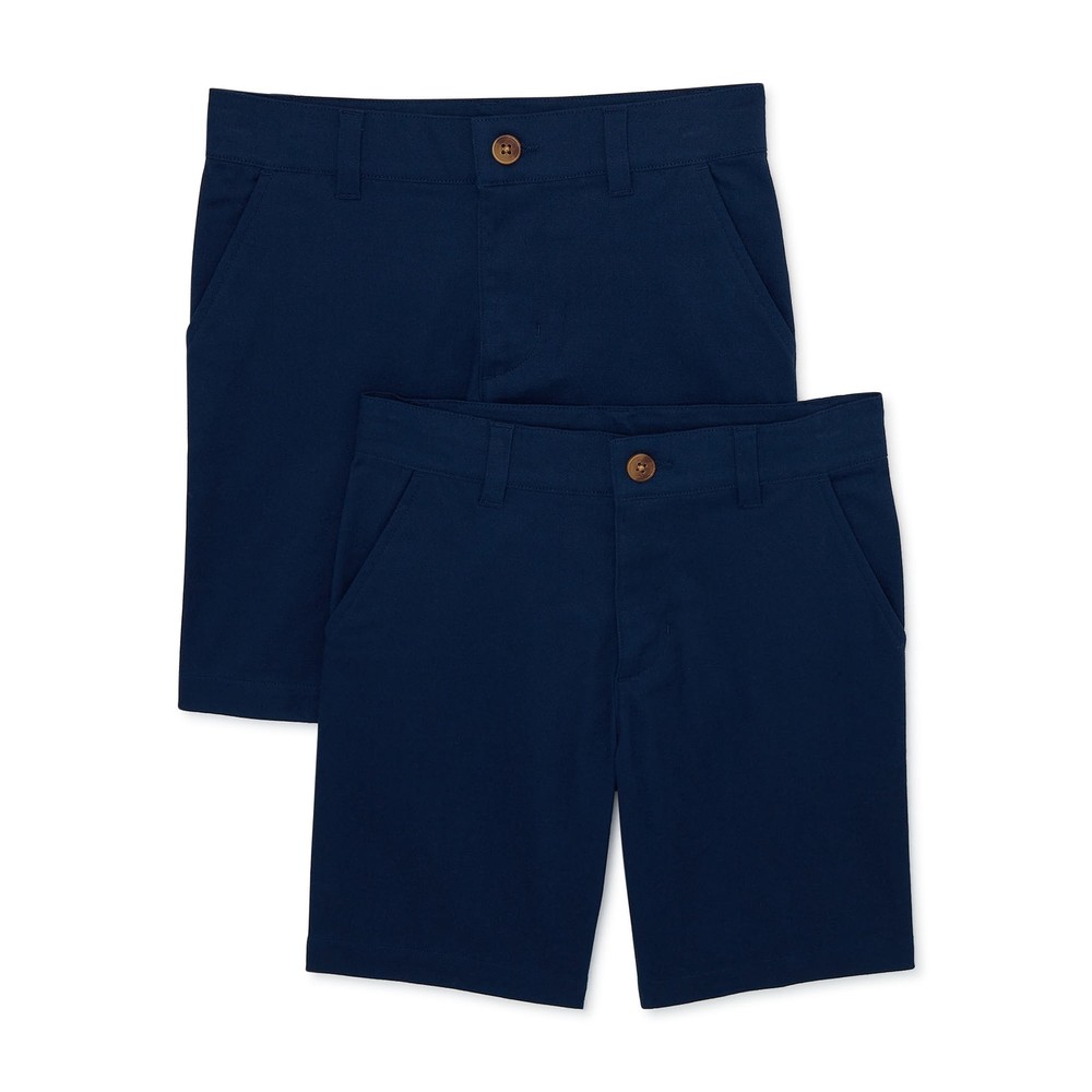 Wonder Nation Flat Front Shorts Boys Size 8 Navy Blend With Belt Loop, 2 Pack