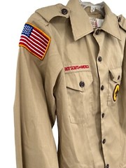 Boy Scouts Of America BSA Tan Long Sleeve Uniform Shirt + Patches Youth Size 16