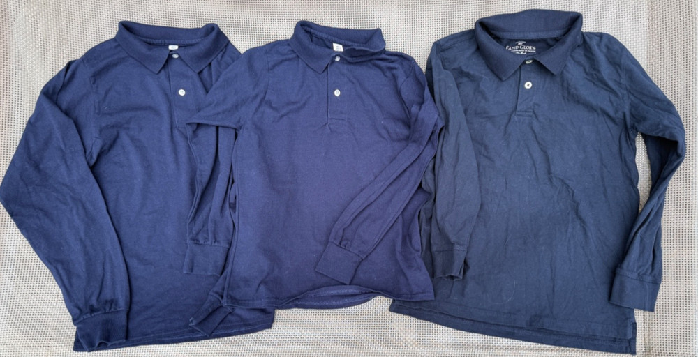 LOT of 3 Boys uniform FADED GLORY,JERZEES Long sleeve Polo Shirts NAVY BLUE M/L