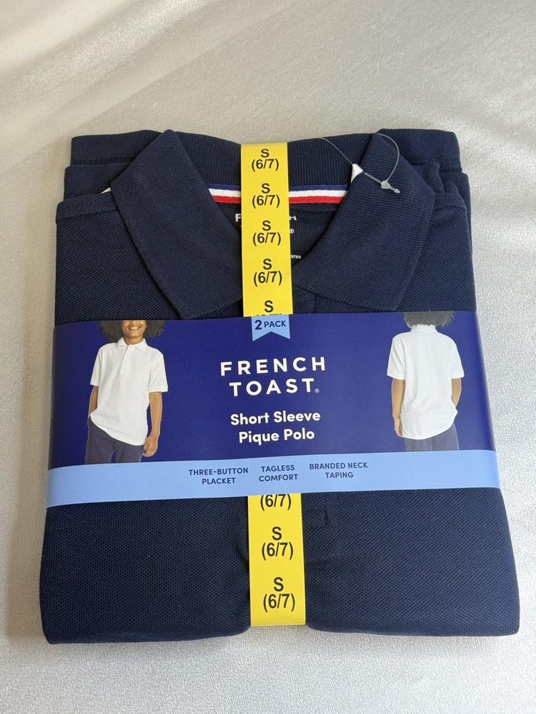 2pk French Toast Polo Pique Short Sleeve School Uniform Boys Sz S 6/7 Navy Blue