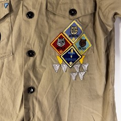 Boy Scouts BSA Cub Scouts Shirt Youth Large Tan Long Sleeve Uniform Patch Stains