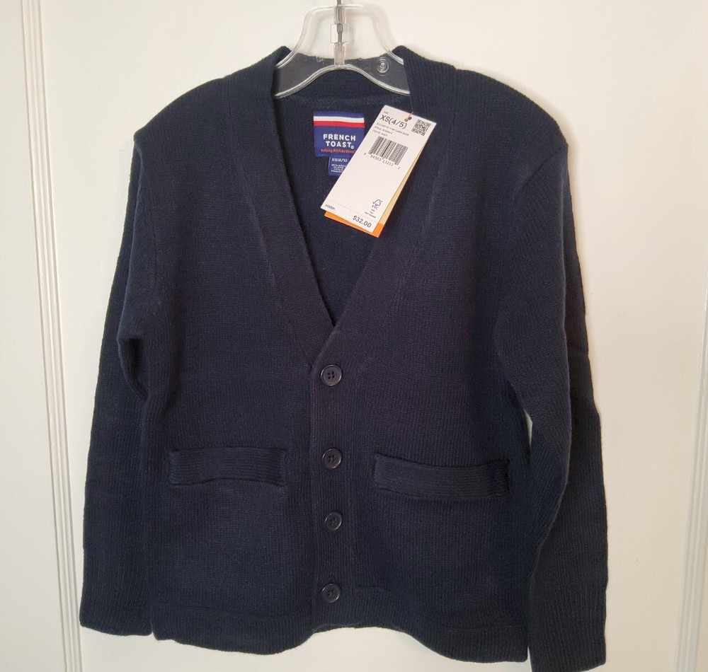 NWT $32 French Toast Boys Navy Cardigan Sweater, XS(4/5), Button Front, School