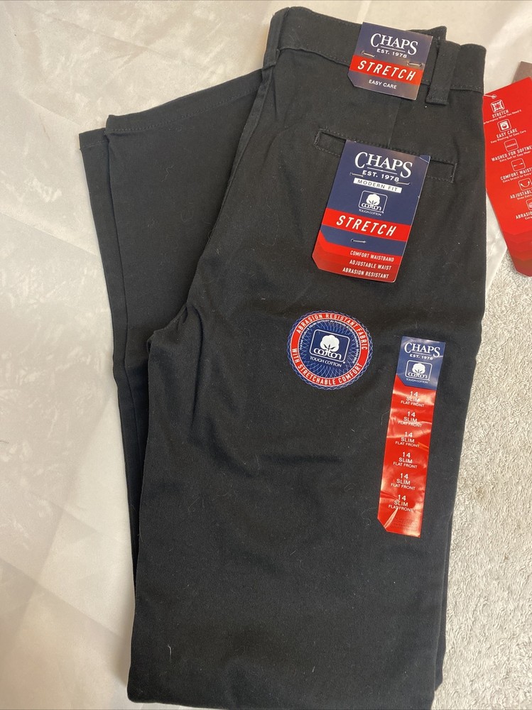 Chaps Boys’ Approved Schoolwear Black Flat Front Pants Size 14 Slim NEW!
