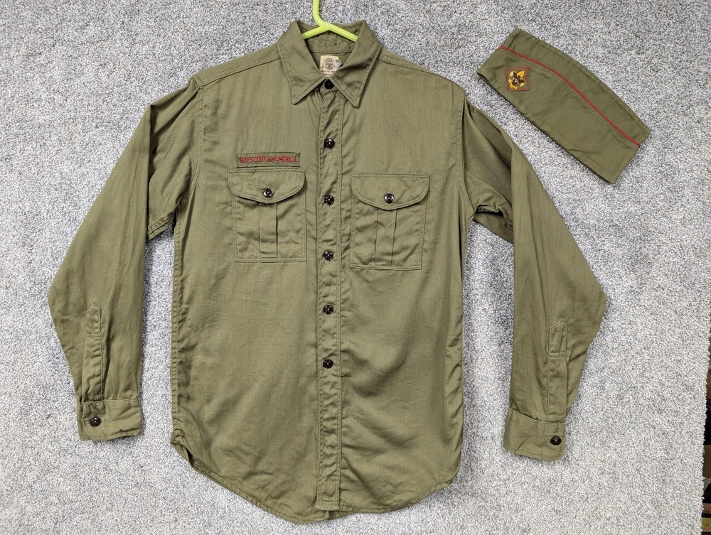 Vintage Boy Scouts Of America Shirt Hat Set Boys 14 Green Scout Uniform Twill
