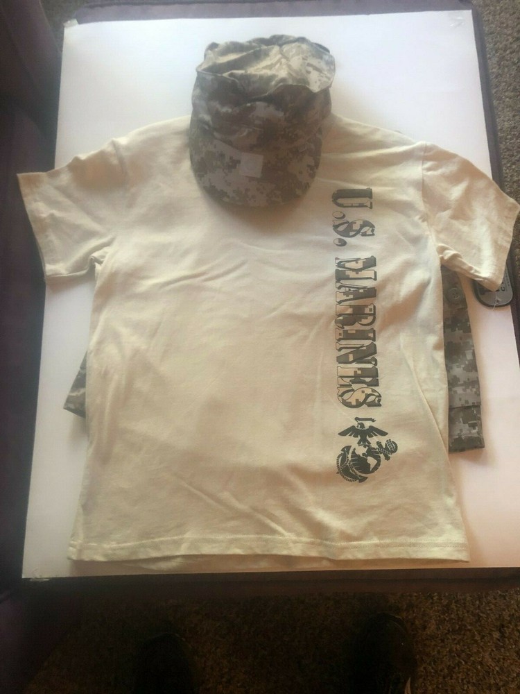 Officially Licensed US Marines Youth 3 Piece Tan/Camo Short Set with Patrol Cap