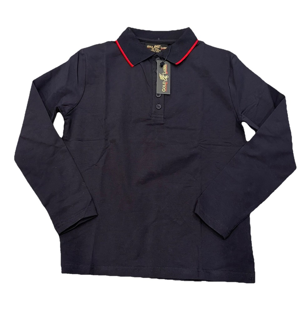 Gold Label Boys Sz 12 long-sleeve pique polo shirt in navy & red trim